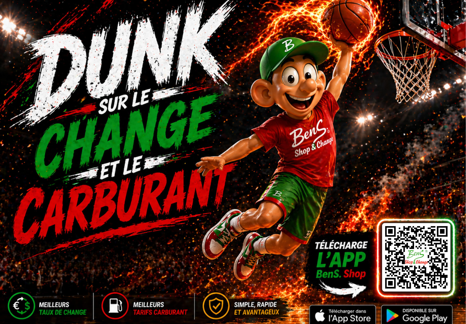 Clapper Lions de Genève, face sponsor Ben S. Shop & Change avec mascotte et QR code